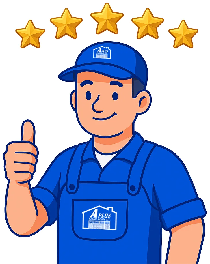 A Plus Garage Doors technician mascot giving a thumbs up under five stars